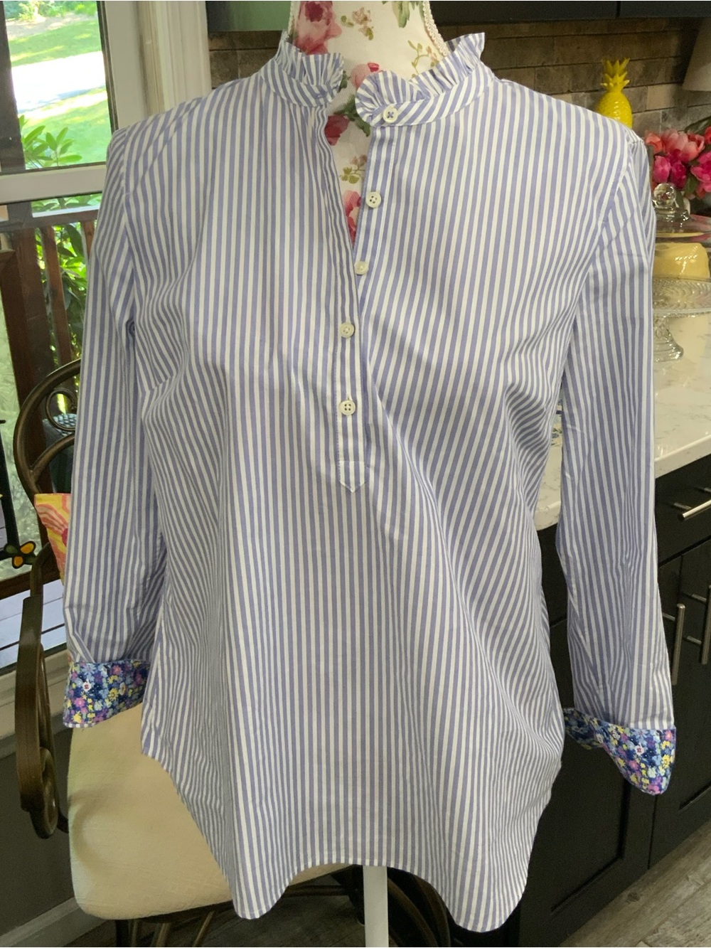 Talbots Petite MP Blouse Long Sleeve Button Front Cotton Blue Stripe Preppy New